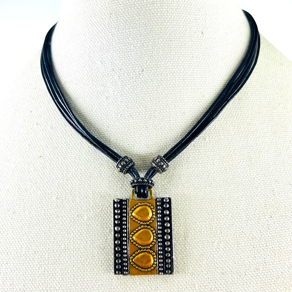 Chico's Geometric Pendant Necklace Mixed Metal Leather Cord Boho Chic Artisan
